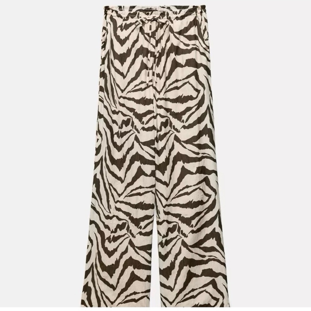 Zara Beige and Brown Zebra Print Wide Leg Pants